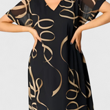 Vestido Negro con Estampado Abstracto en Oro y Escote en V