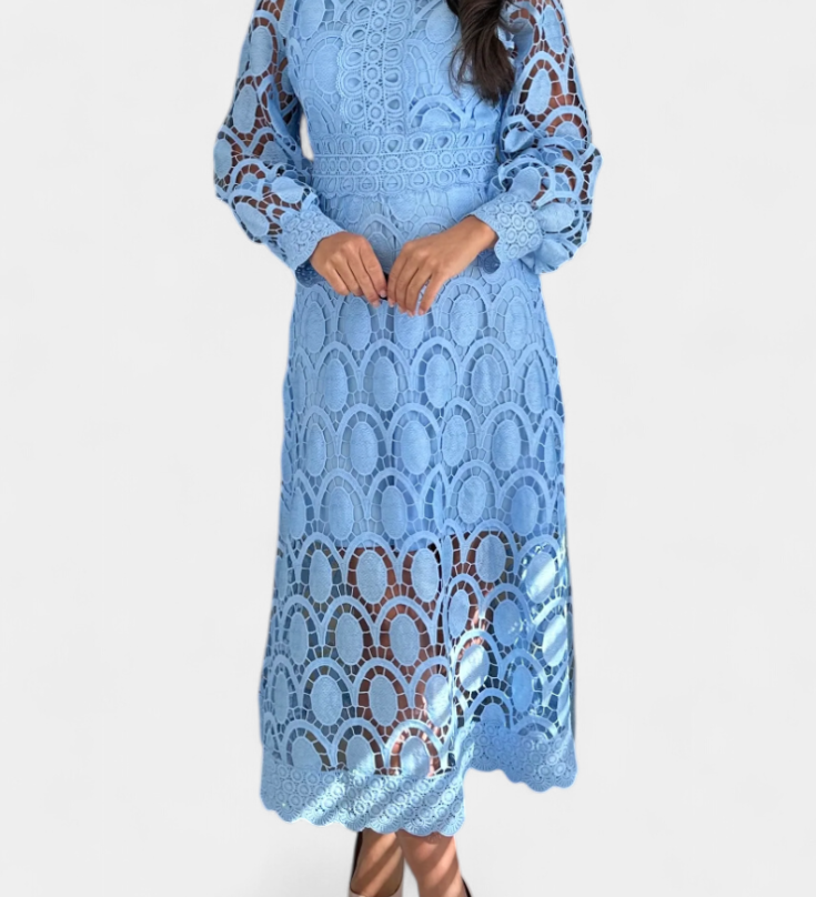 Vestido Midi de Encaje Bordado con Cuello Alto