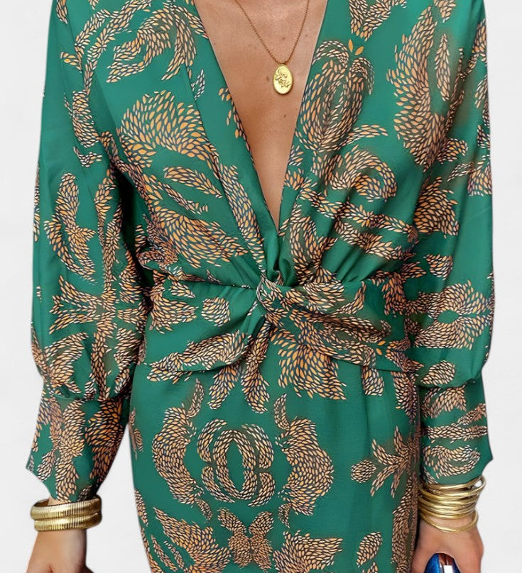 Vestido Maxi con Escote en V y Nudo Frontal
