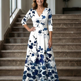 Vestido Midi Floral con Escote Cruzado y Manga Tres Cuartos