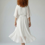 Vestido Midi Drapeado con Cinturón y Manga Codo