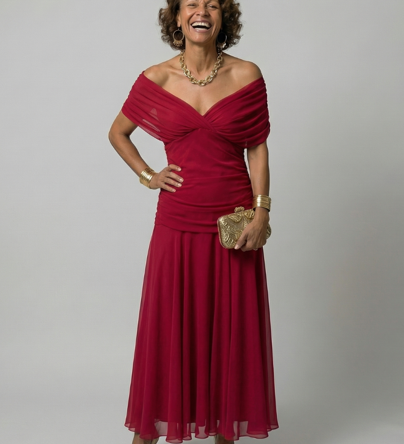 Vestido Midi Off-Shoulder con Escote Drapeado