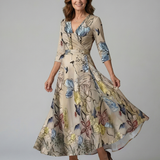 Vestido Midi Floral con Escote Cruzado y Manga Tres Cuartos