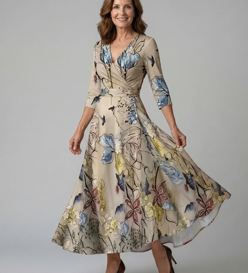 Vestido Midi Floral con Escote Cruzado y Manga Tres Cuartos