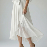Vestido Midi Drapeado con Cinturón y Manga Codo