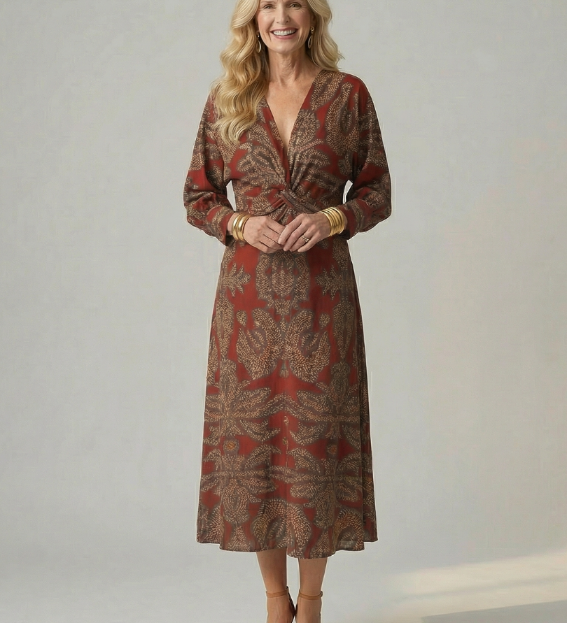Vestido Midi Cruzado de Manga Larga con Estampado Natural
