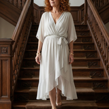 Vestido Midi Drapeado con Cinturón y Manga Codo