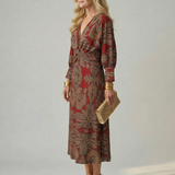 Vestido Midi Cruzado de Manga Larga con Estampado Natural