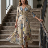 Vestido Midi Floral con Escote Cruzado y Manga Tres Cuartos
