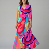 Vestido Midi Floral con Escote Cruzado y Manga Tres Cuartos