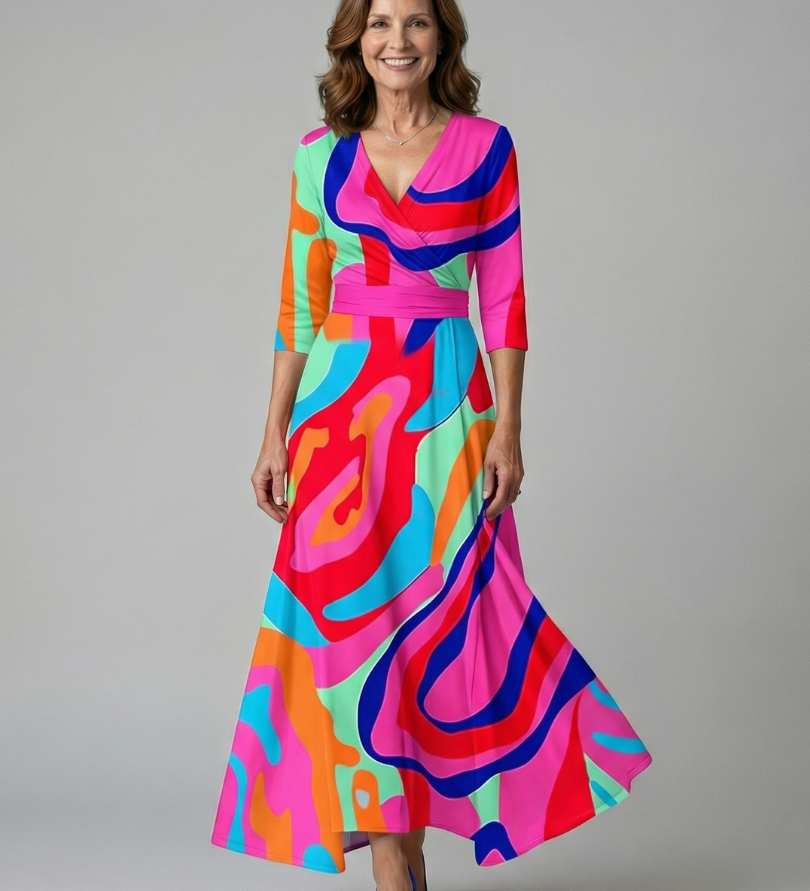 Vestido Midi Floral con Escote Cruzado y Manga Tres Cuartos