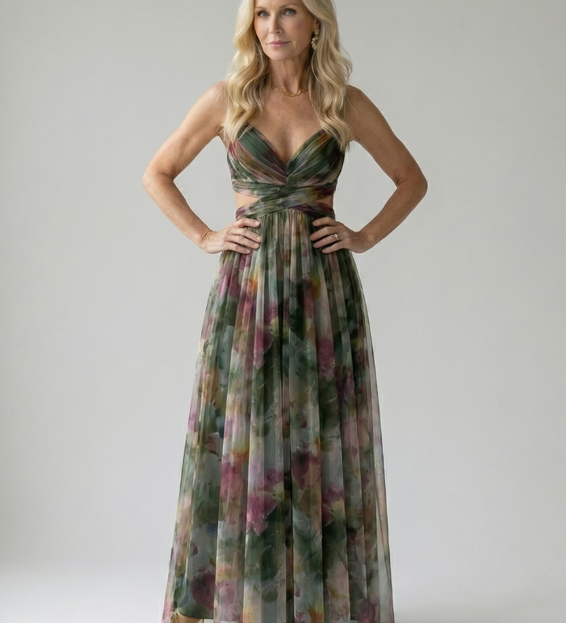 Vestido Maxi Cruzado con Degradado de Color y Tirantes Finos