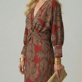 Vestido Midi Cruzado de Manga Larga con Estampado Natural