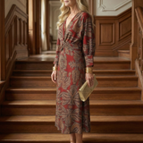 Vestido Midi Cruzado de Manga Larga con Estampado Natural