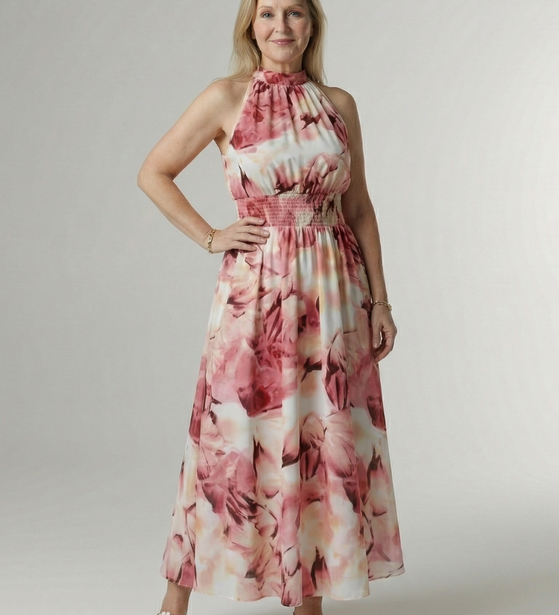 Vestido Midi Halter con Cintura Fruncida
