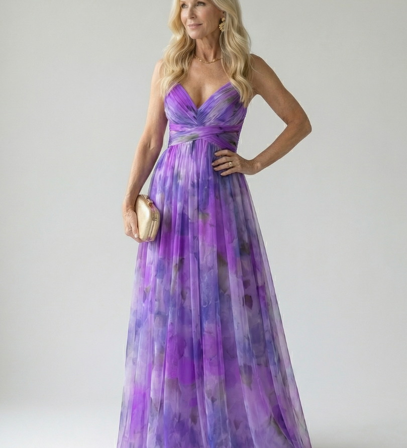 Vestido Maxi Cruzado con Degradado de Color y Tirantes Finos
