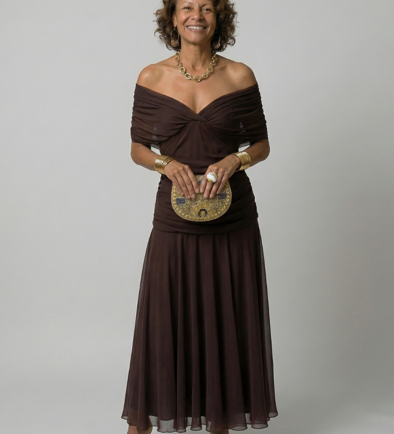 Vestido Midi Off-Shoulder con Escote Drapeado