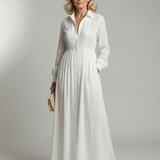 Vestido Maxi Blanco de Manga Larga con Botones y Bolsillos