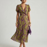 Vestido Midi Floral Cruzado de Manga Corta