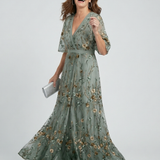 Vestido Maxi Halter Floral en Verde Salvia