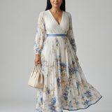 Vestido Midi Cruzado Floral con Falda Plisada y Manga Larga