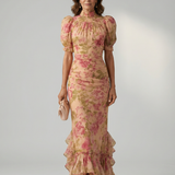 Vestido Maxi Floral con Cuello Alto y Manga Abullonada