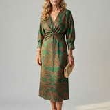Vestido Midi Cruzado de Manga Larga con Estampado Natural