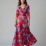 Vestido Midi Floral con Escote Cruzado y Manga Tres Cuartos