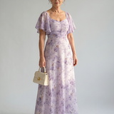 Vestido Largo Floral con Manga Mariposa y Escote Cuadrado