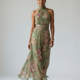 Vestido Midi Halter Floral con Detalle Fruncido