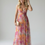Vestido Maxi Cruzado con Degradado de Color y Tirantes Finos