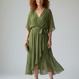 Vestido Midi Drapeado con Cinturón y Manga Codo