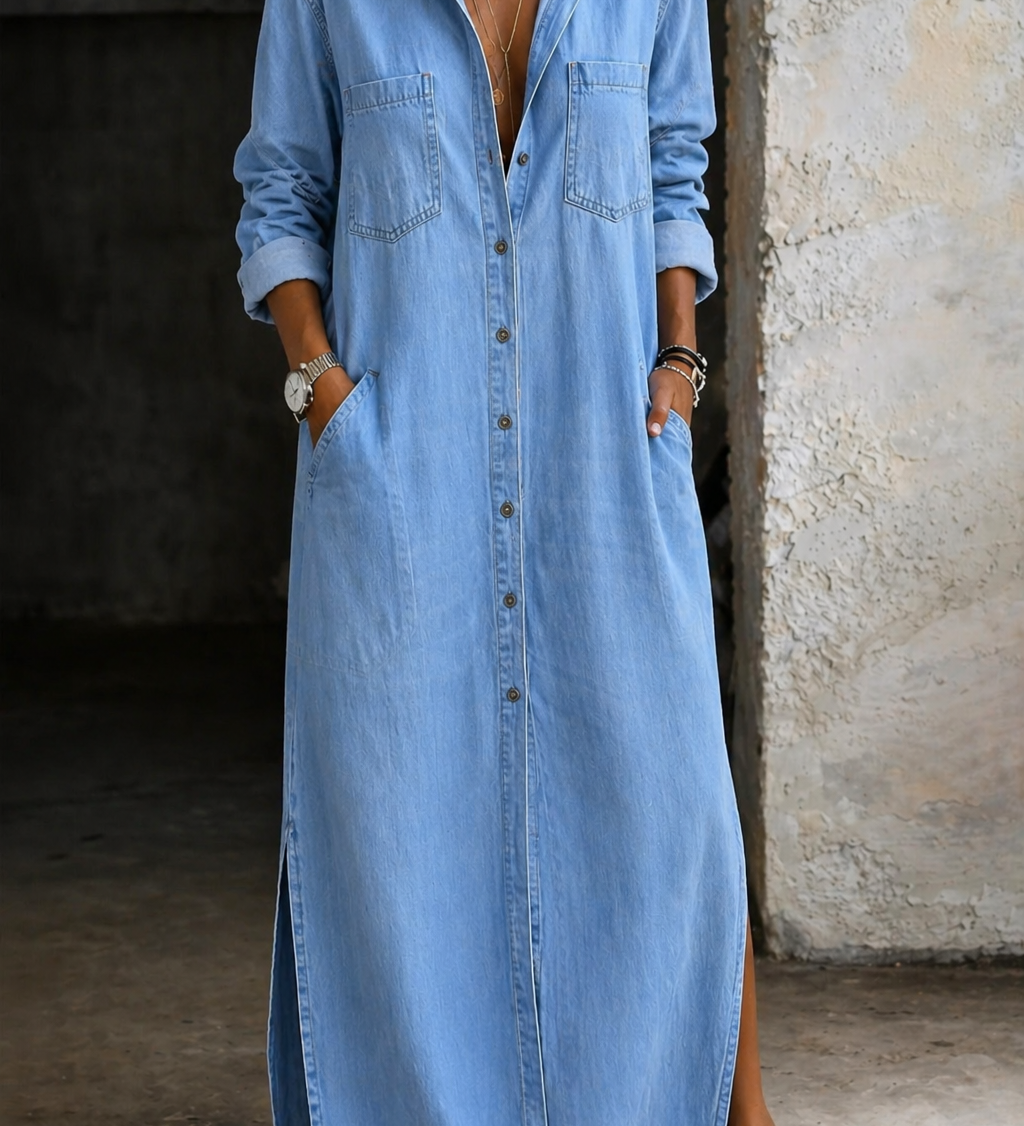 Vestido Maxi Camisero con Botonera y Abertura