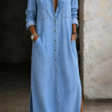 Vestido Maxi Camisero con Botonera y Abertura
