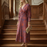 Vestido Midi Cruzado de Manga Larga con Estampado Natural