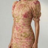 Vestido Maxi Floral con Cuello Alto y Manga Abullonada