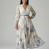 Vestido Midi Cruzado Floral con Falda Plisada y Manga Larga
