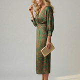 Vestido Midi Cruzado de Manga Larga con Estampado Natural