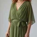 Vestido Midi Drapeado con Cinturón y Manga Codo