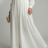 Vestido Maxi Blanco de Manga Larga con Botones y Bolsillos