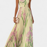 Vestido Largo Plisado con Estampado Floral y Escote Cuadrado