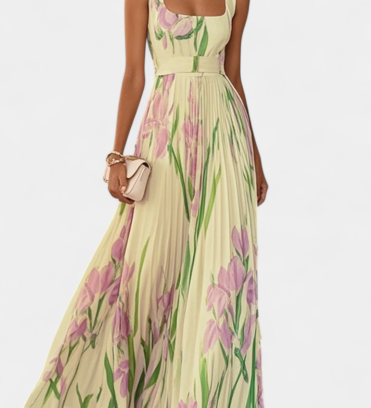 Vestido Largo Plisado con Estampado Floral y Escote Cuadrado