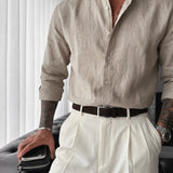 Camisa de lino de manga larga y corte regular – Marrón crema