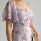 Vestido Largo Floral con Manga Mariposa y Escote Cuadrado