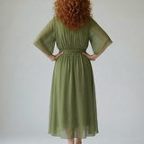 Vestido Midi Drapeado con Cinturón y Manga Codo