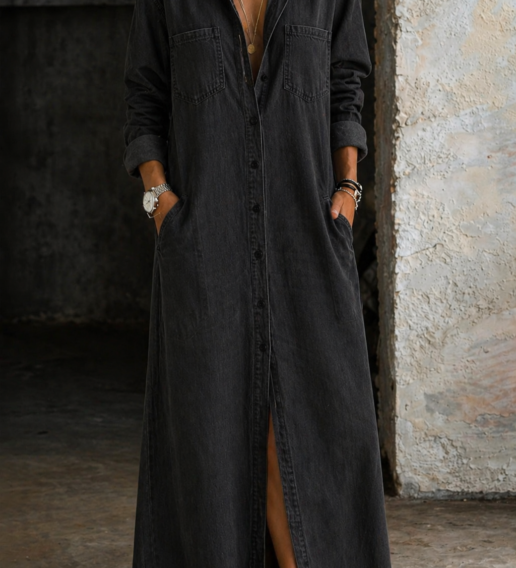 Vestido Maxi Camisero con Botonera y Abertura
