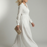 Vestido Maxi Blanco de Manga Larga con Botones y Bolsillos