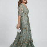 Vestido Maxi Halter Floral en Verde Salvia