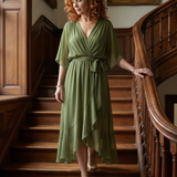 Vestido Midi Drapeado con Cinturón y Manga Codo