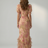Vestido Maxi Floral con Cuello Alto y Manga Abullonada